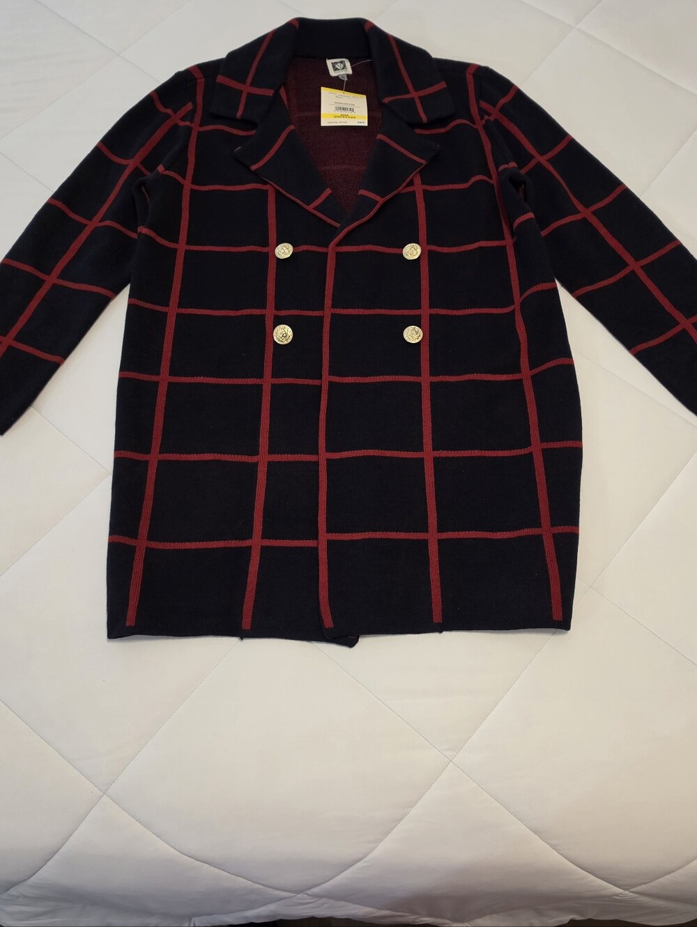 Anne Klein NWT Double-Breasted Midnight & Fire Red Windowpane Sweater Coat